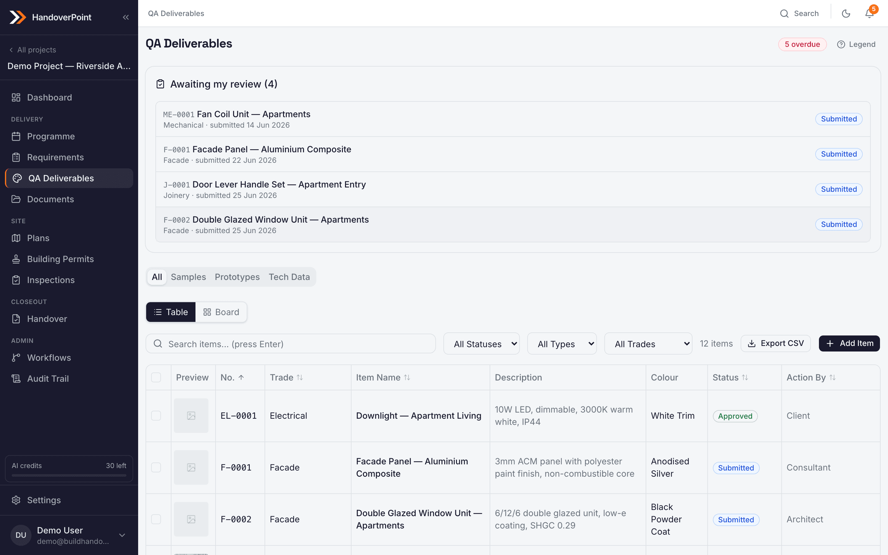 HandoverPoint sample register showing samples with status and their approval workflow